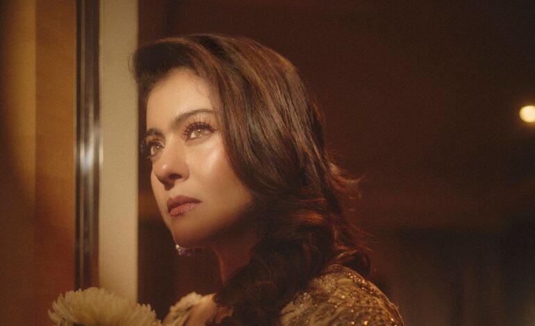 Kajol’s Varun Bahl sari is inundated with hand-embroidered, three-dimensional floral appliqués