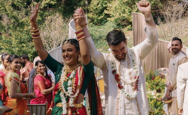 This bride’s wedding wardrobe was made from the saris of the women who raised her