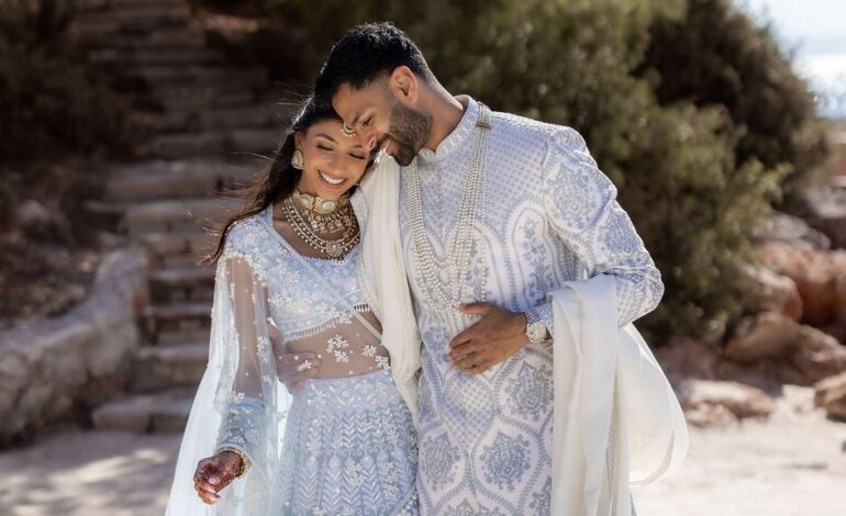 At this wedding on Turkey’s Aegean coast, the bride skipped traditional red for an icy blue Manish Malhotra lehenga