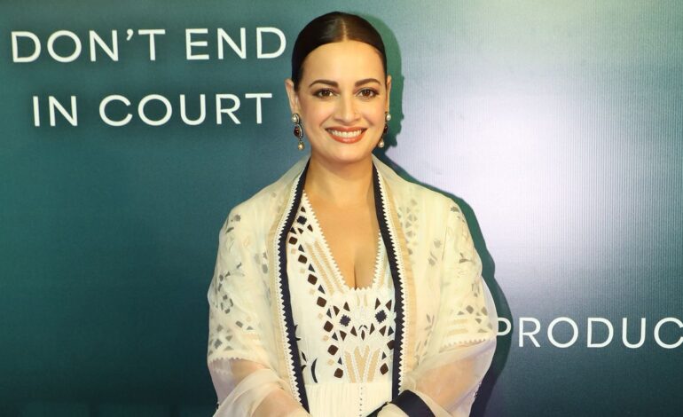 Dia Mirza’s ivory anarkali highlights geometric appliqués and thread embroidery