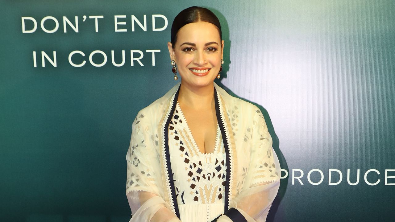 Dia Mirza’s ivory anarkali highlights geometric appliqués and thread embroidery
