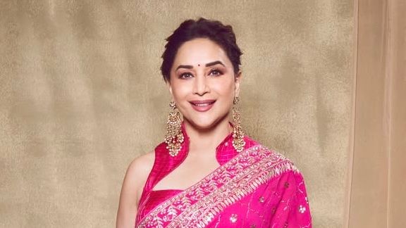 Madhuri Dixit Nene’s sari border features badla-embroidered, sequin-embellished elephants motifs