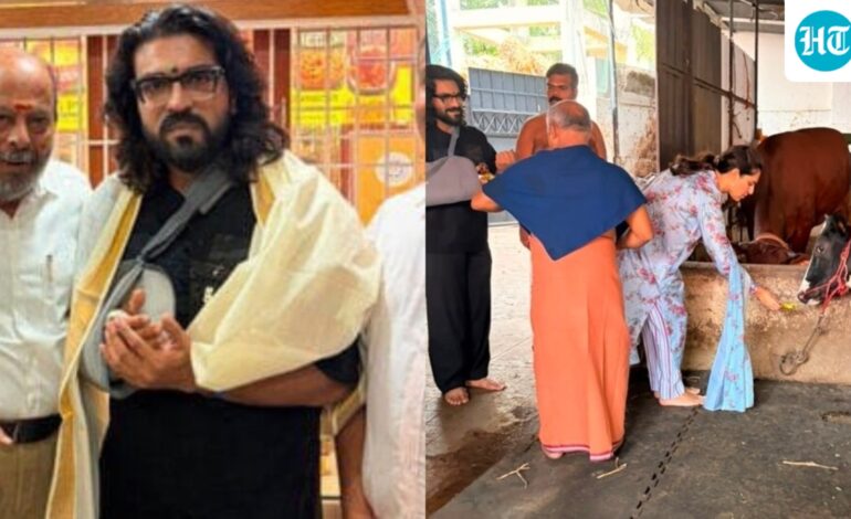 Ram Charan visits Coimbatore temple with Upasana Konidela after wrist surgery for Peddi injury. See pics
