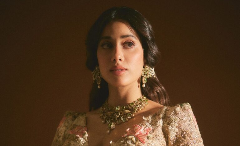 Janhvi Kapoor’s Anamika Khanna lehenga for Anshula Kapoor’s wedding ceremony was detailed with pink and green floral appliqué