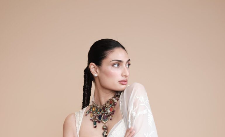 The neckline on Athiya Shetty’s Rohit Bal anarkali features the house’s signature thread and pearl embroidery