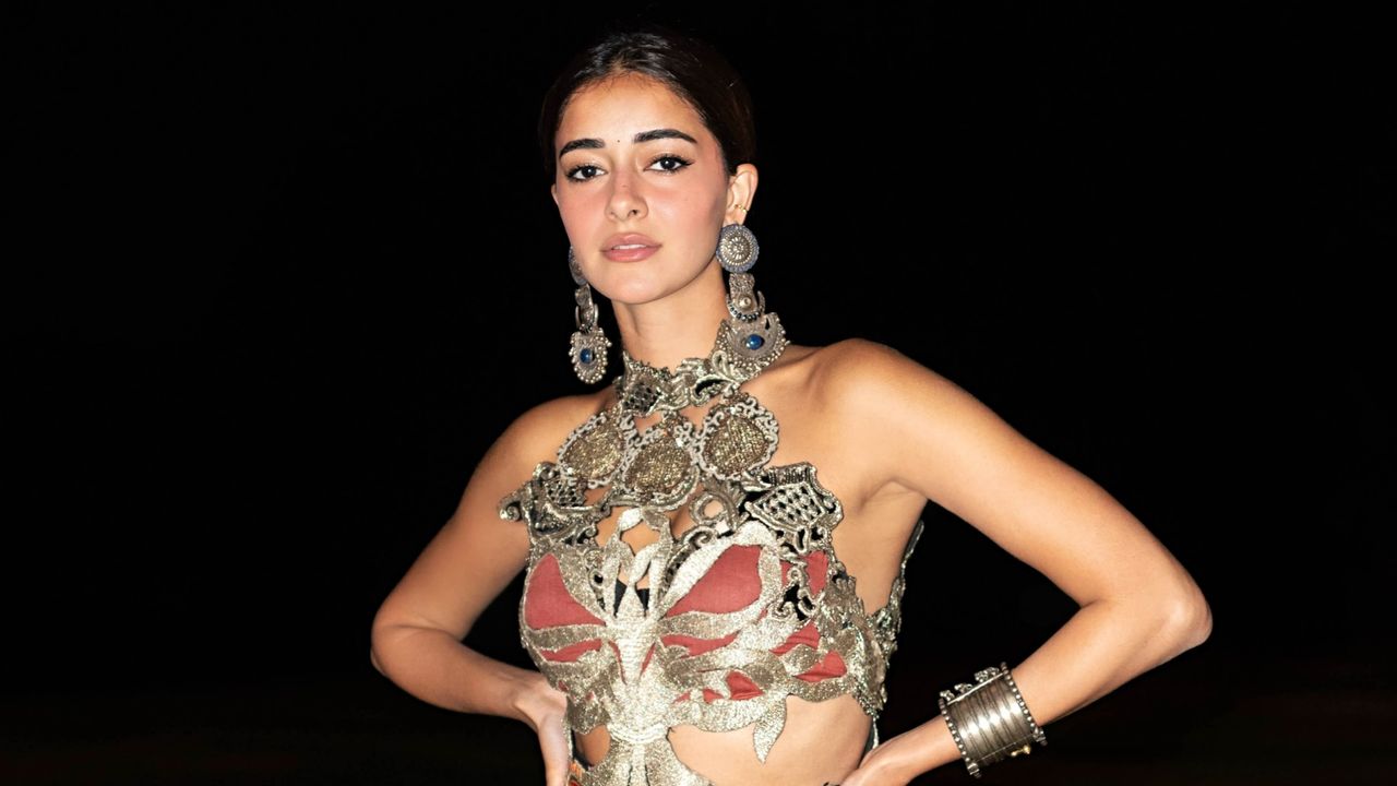 Ananya Panday’s Anamika Khanna corset features antique metal embellishments and embroidered mirrors