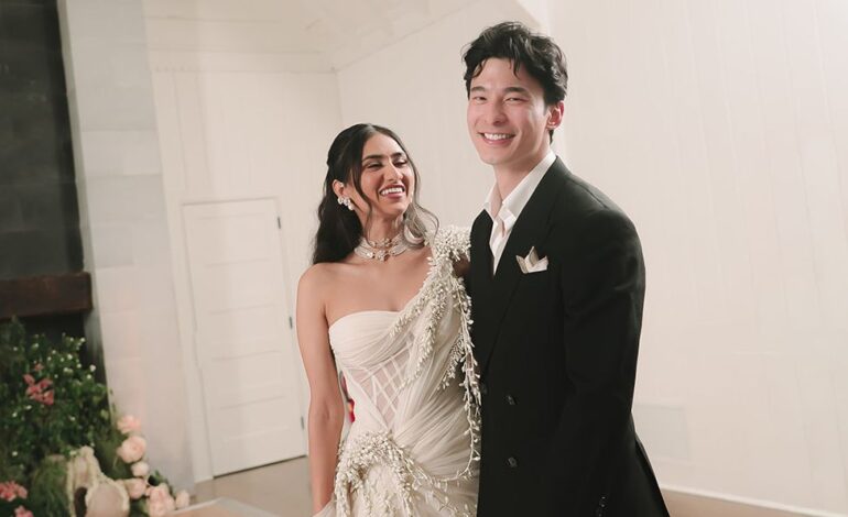 At this Indian-Korean wedding, the bride wore a Gaurav Gupta gown covered in her grandmother’s favourite flower