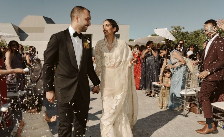 A white Sabyasachi sari honoured family tradition at this 99-guest wedding in Toronto’s Aga Khan Museum