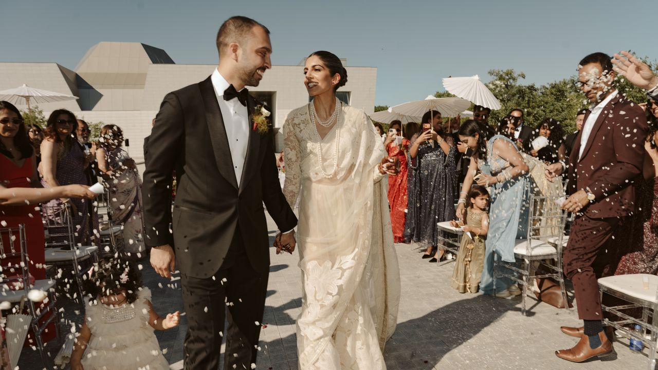 A white Sabyasachi sari honoured family tradition at this 99-guest wedding in Toronto’s Aga Khan Museum