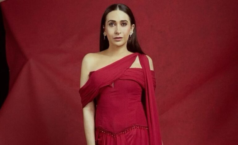 Karisma Kapoor’s Ridhi Mehra sari gown look features a corset and an asymmetric skirt