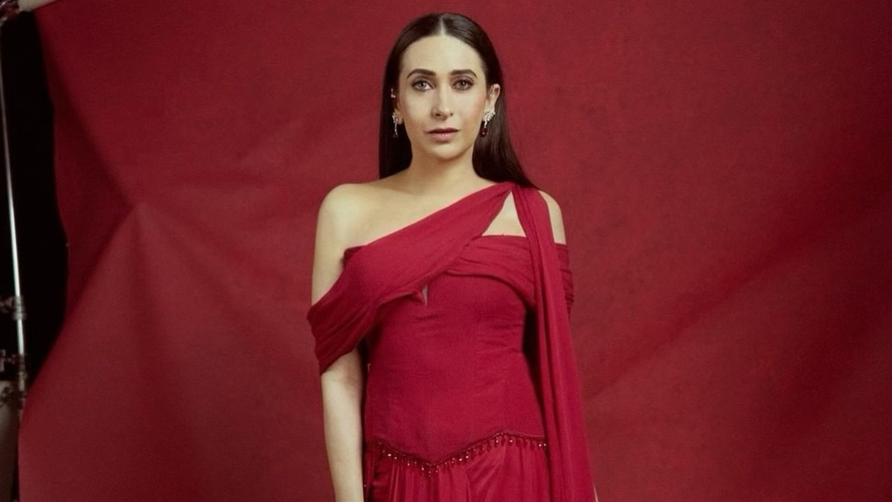 Karisma Kapoor’s Ridhi Mehra sari gown look features a corset and an asymmetric skirt
