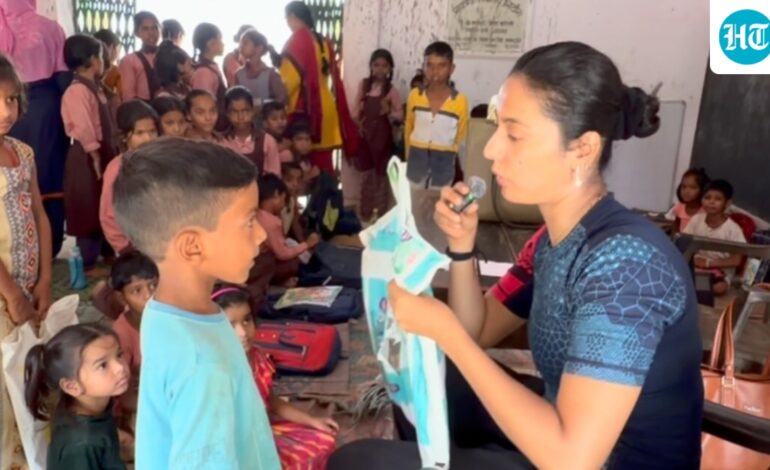 Govt school kids show Khushboo Patani their polythene school bags, she promises to bring them real ones. Watch