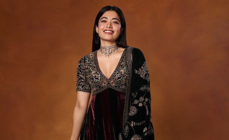 Rashmika Mandanna’s velvet anarkali is embellished with intricate zardozi and aari work