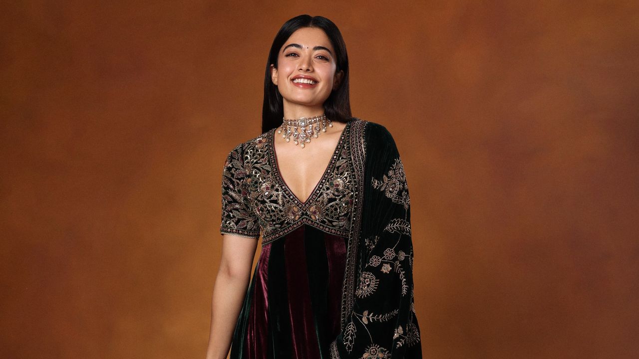 Rashmika Mandanna’s velvet anarkali is embellished with intricate zardozi and aari work