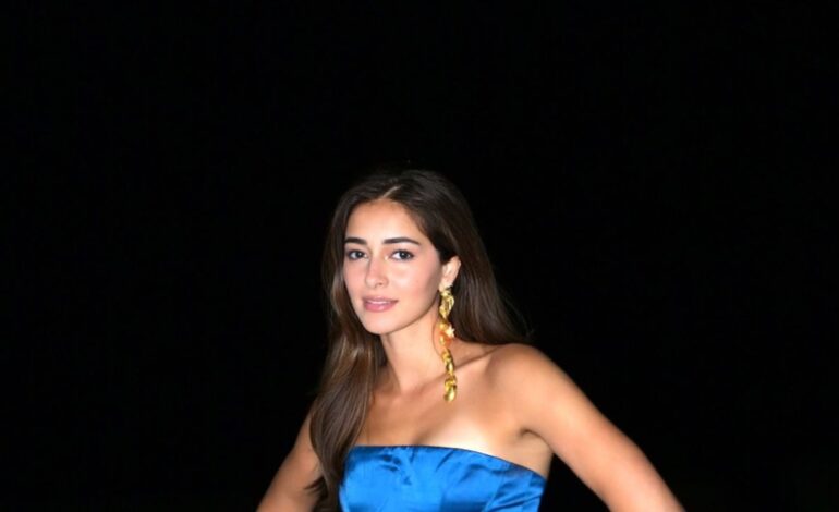 Ananya Panday wore a blue Gauri & Nainika gown with a ’60s-inspired bow and train