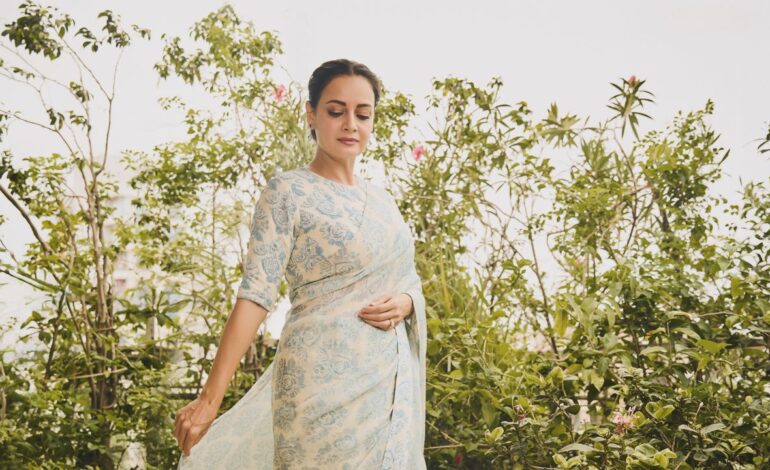 Dia Mirza’s powder blue sari brings cross-stitch-inspired floral motifs to the fore
