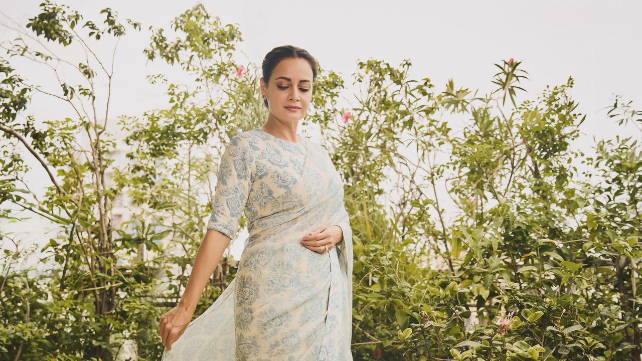 Dia Mirza’s powder blue sari brings cross-stitch-inspired floral motifs to the fore
