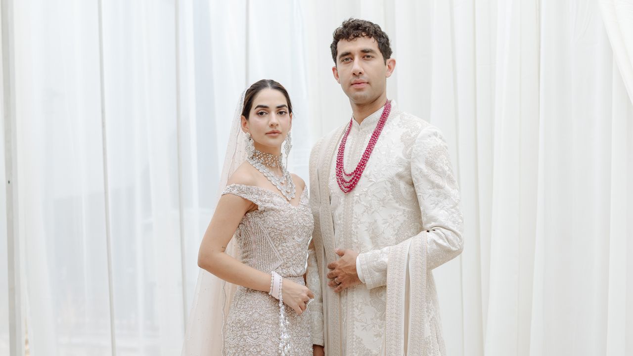 For her wedding in New Delhi, the bride embroidered her love story onto her Kresha Bajaj ensemble