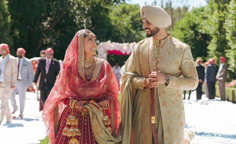From Manish Malhotra’s gold Banarasi silk to Abhinav Mishra’s mirror work, this bride’s wedding wardrobe celebrated Indian craft