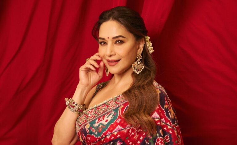 Madhuri Dixit Nene wears Mayyur Girotra’s classic patola sari with bugle bead-embroidered border