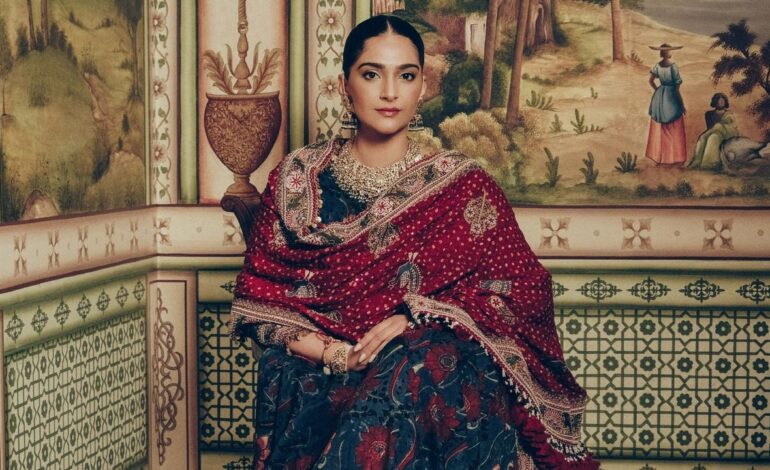 Sonam Kapoor’s latest anarkali look brings Ajrakh, Bandhani and Gujarati chain stitch together