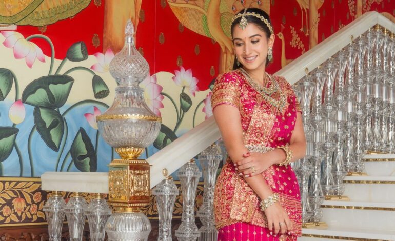 Radhika Ambani’s Manish Malhotra Kanchipuram sari featured gold marodi embroidery and zardozi details