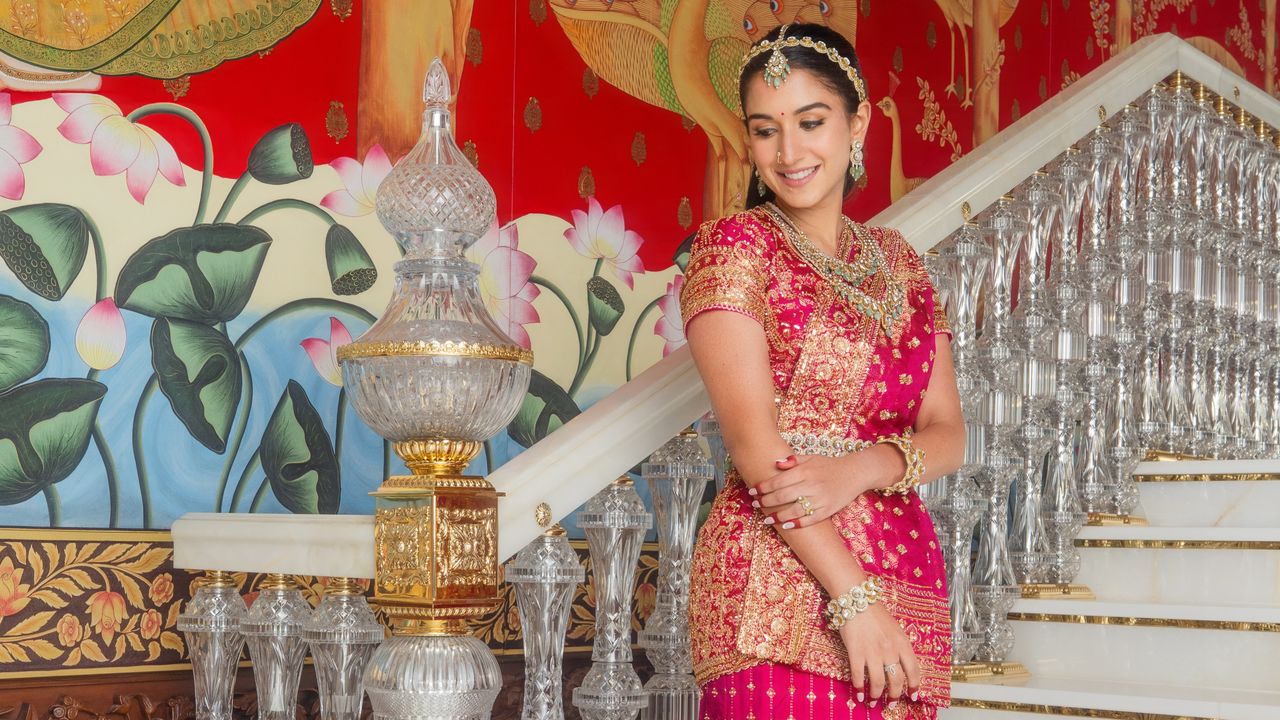Radhika Ambani’s Manish Malhotra Kanchipuram sari featured gold marodi embroidery and zardozi details