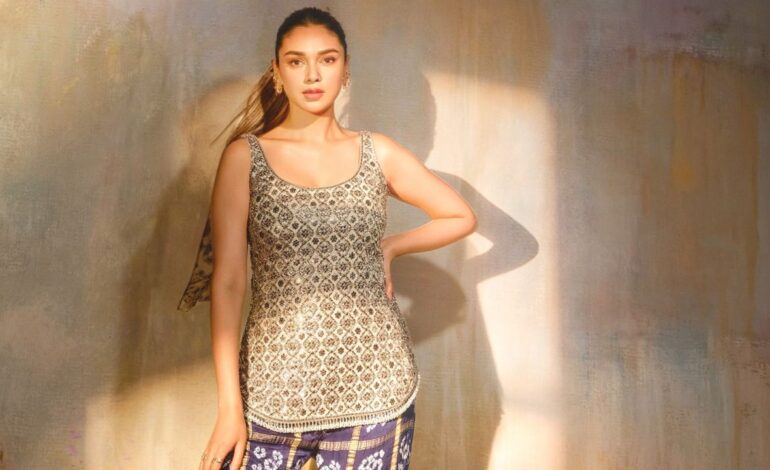 Aditi Rao Hydari wore a modern traditionalist short kurta with metal-work and bandhani gharara